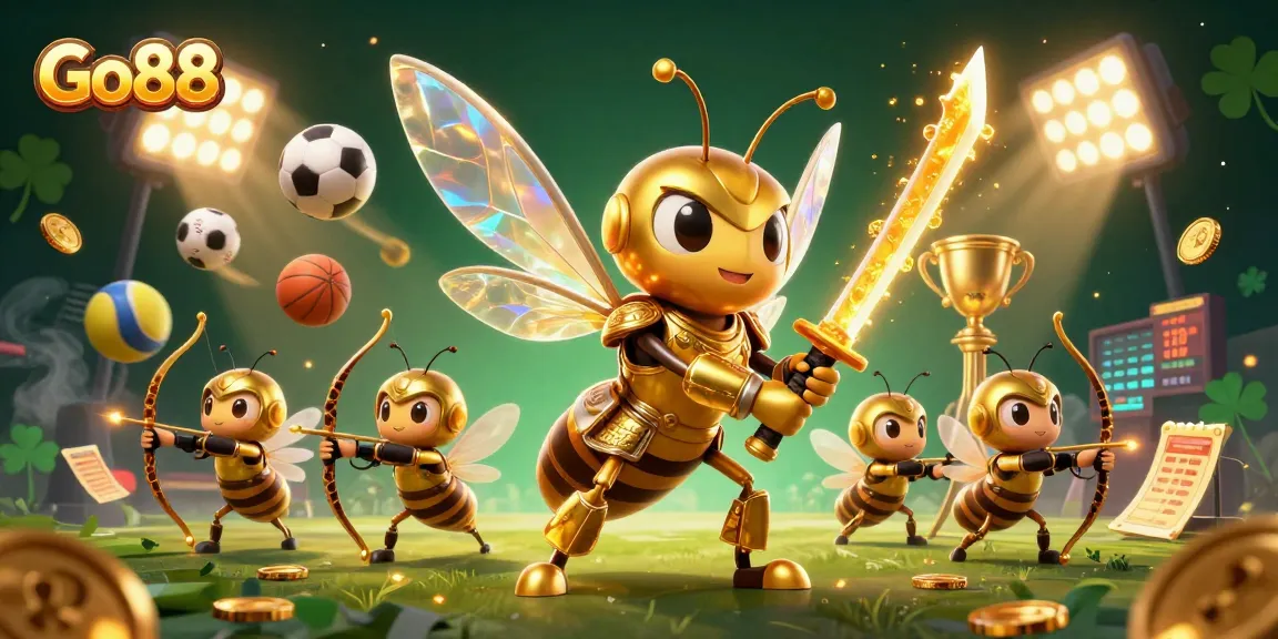 Experience thrilling gameplay at Go88, a vibrant online casino with dynamic sports elements and golden illustrations.