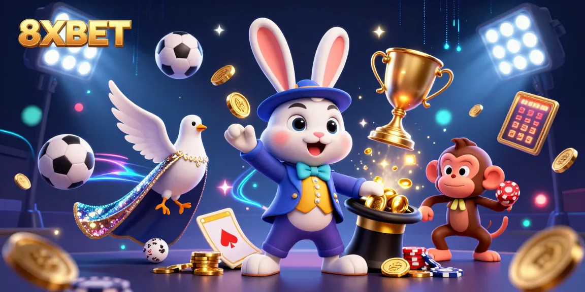 Experience the excitement of 8XBET with a dazzling scene of a magician rabbit, dove, and monkey amidst vibrant casino elements.