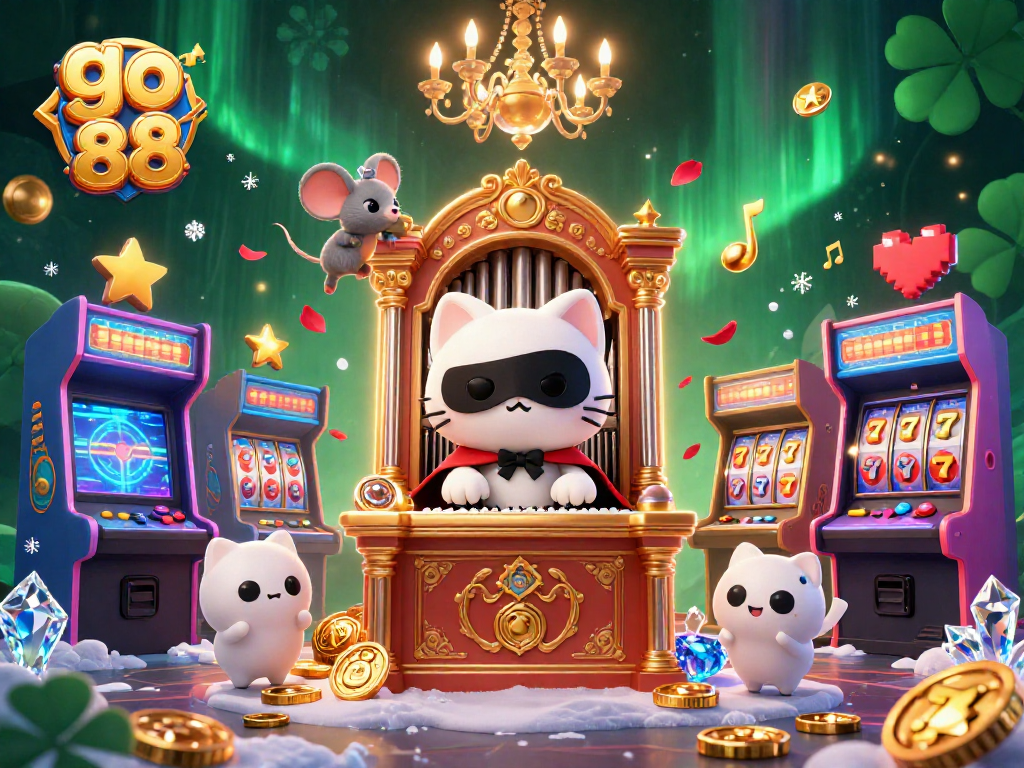 Experience the excitement of go 88 with a lively illustration of casino elements, including games and characters.
