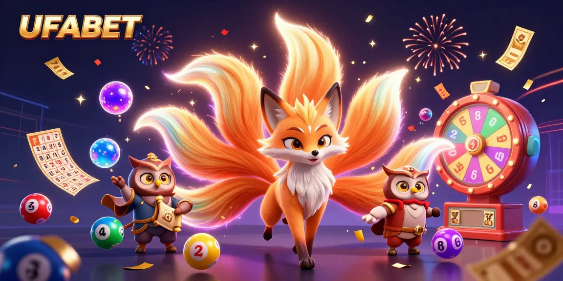 Experience the excitement of UFABET with vibrant lottery elements and dynamic characters in a lively casino scene.