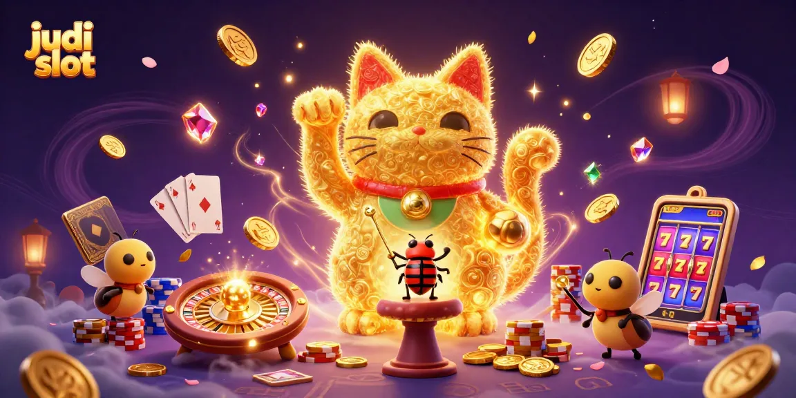Experience judi slot excitement as golden fireflies create a lucky cat while casino symbols fly around.