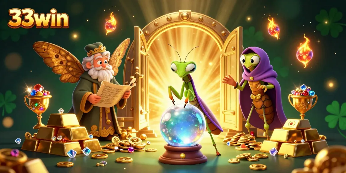 Engage with 33win's magical scene featuring mystical fortune tellers and rich casino treasures.