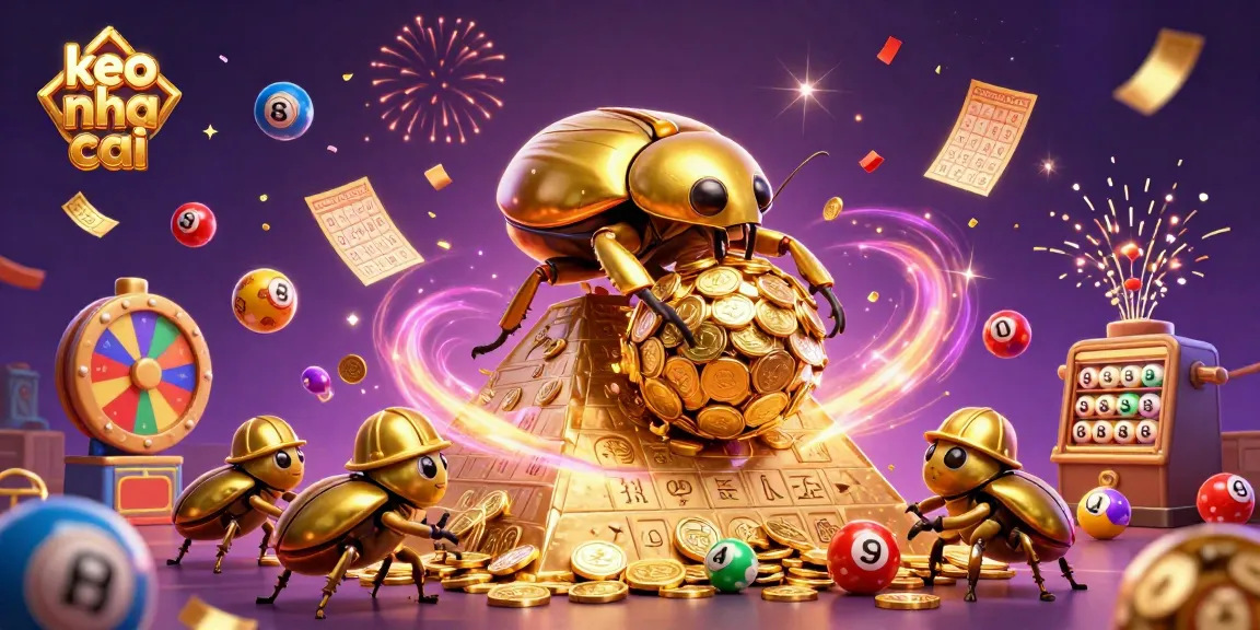 Join the excitement of keo nha cai with golden beetles, coins, and colorful lottery elements!