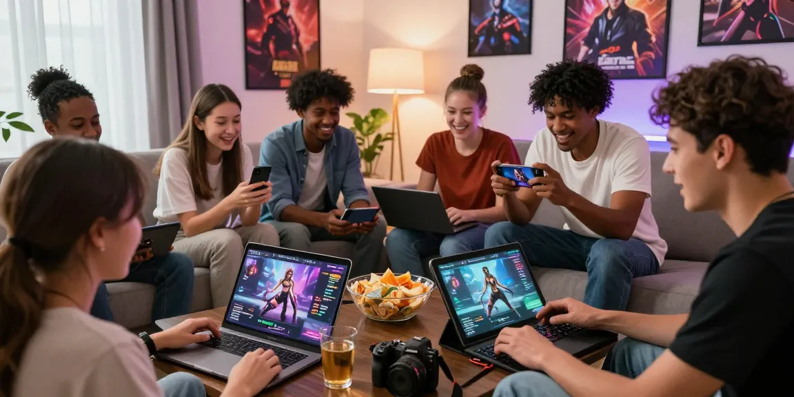 Players enjoying an online hentai game on multiple devices in a vibrant living room setting.