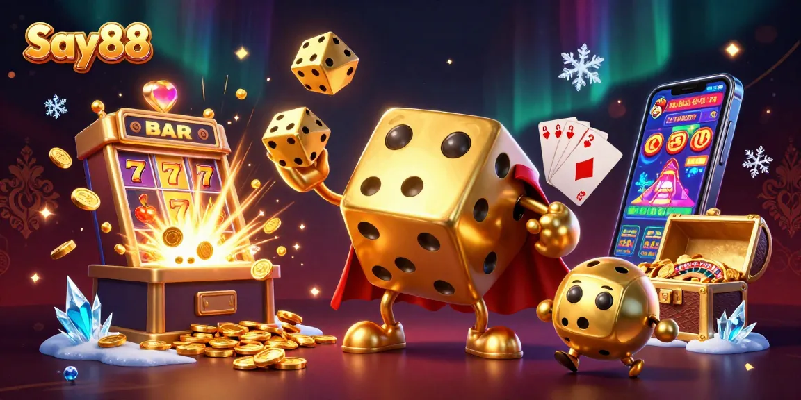 Experience the thrilling world of Say88 with this vibrant 3D casino illustration showcasing exciting games and dynamic symbols.