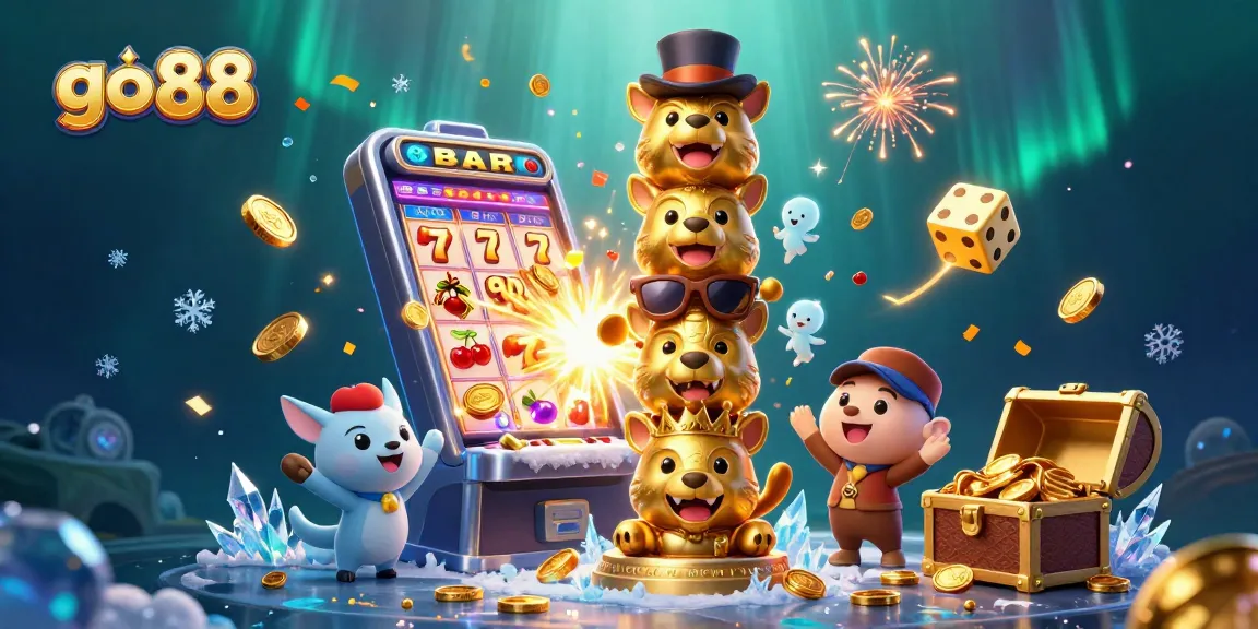 Engage with go 88 in a dynamic casino scene featuring a totem pole and a bursting slot machine.